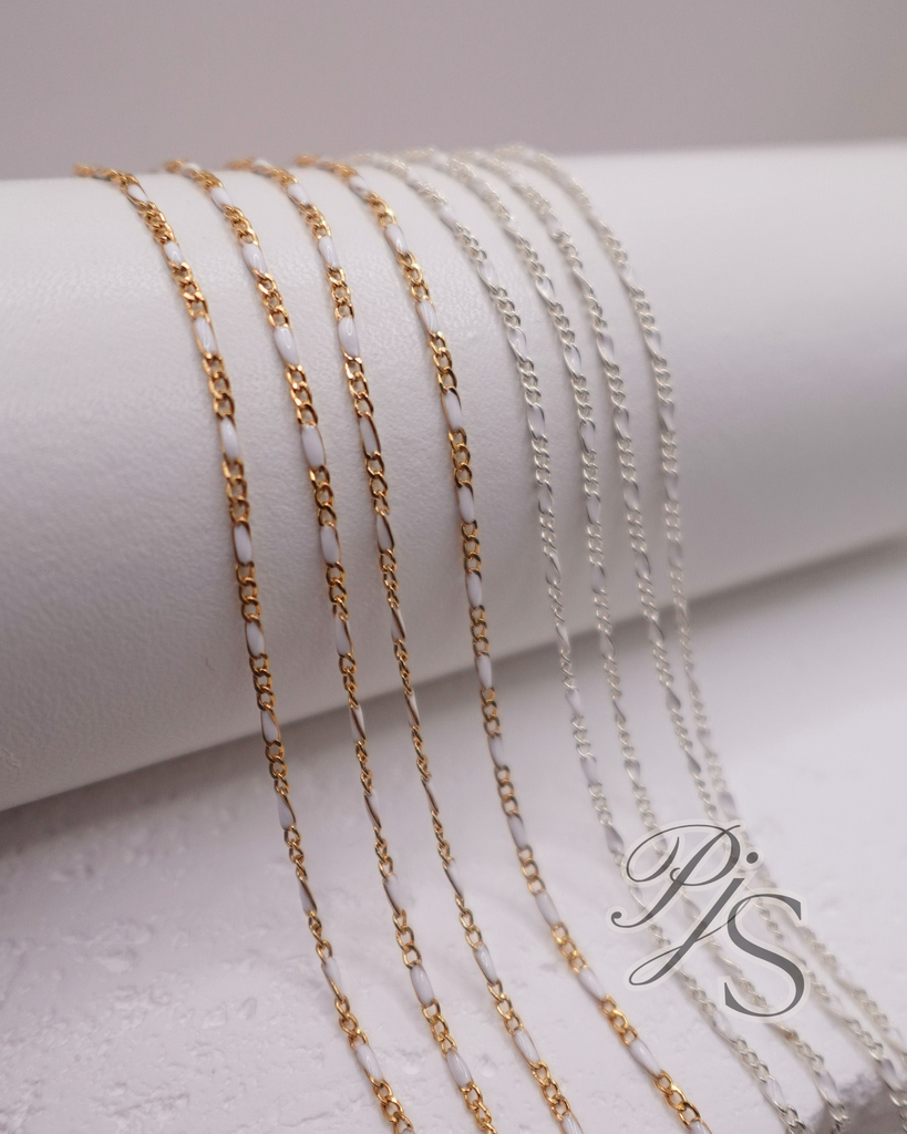 14K Gold Filled, 925 Sterling Silver White Enamel Figaro Chain 1.5mm