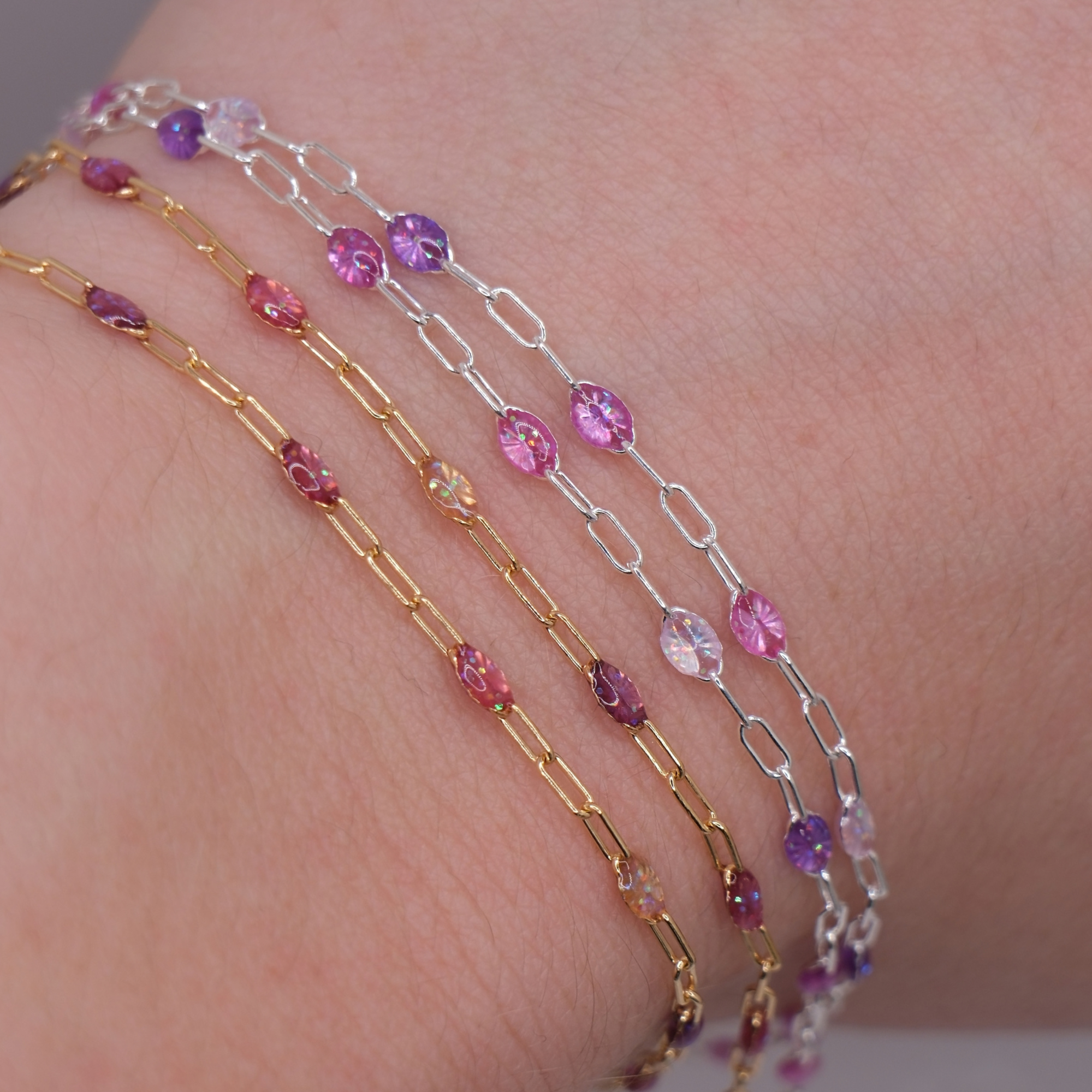 2.3mm Italian Raspberry Stardust Enamel Sunburst Paperclip Chain