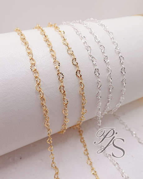 2.2mm Mini Flat Textured Heart Link Chain - 14K Gold Filled, 925 Sterling Silver