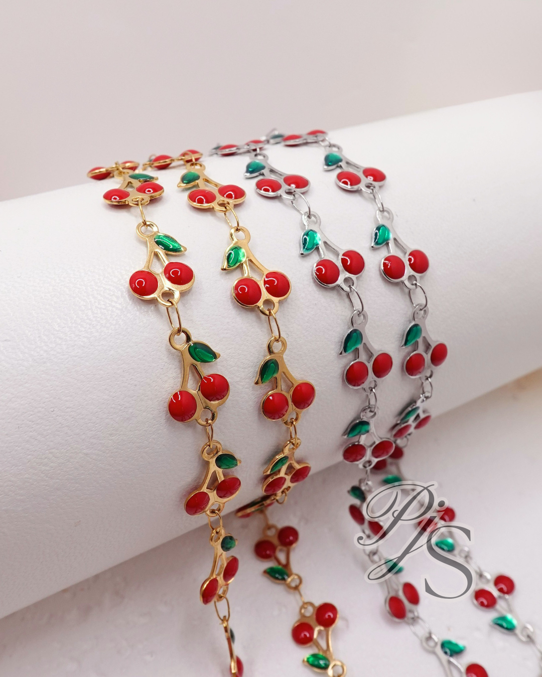 10mm Cherry Enamel Chain - Stainless Steel