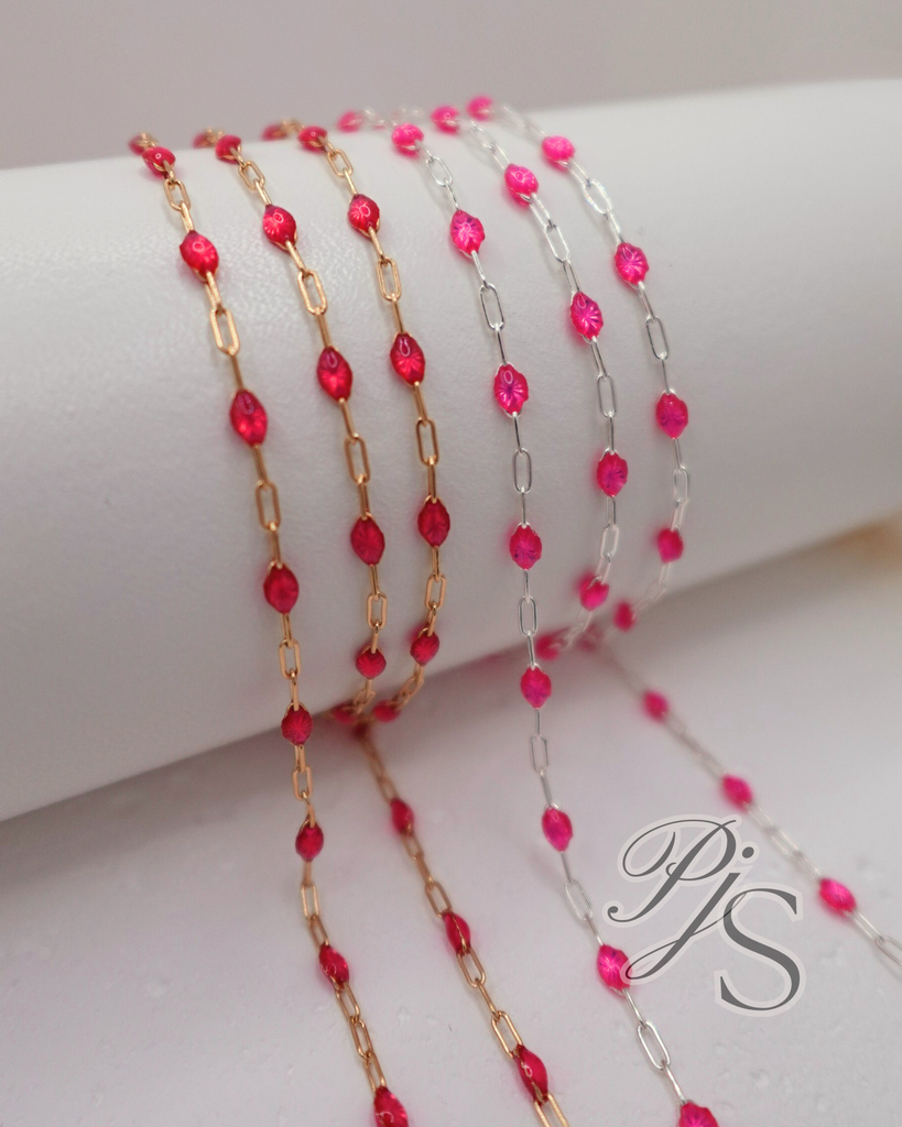 925 Sterling Silver or 14K Gold Filled Fuchsia Enamel Sunburst Paperclip Chain&nbsp;