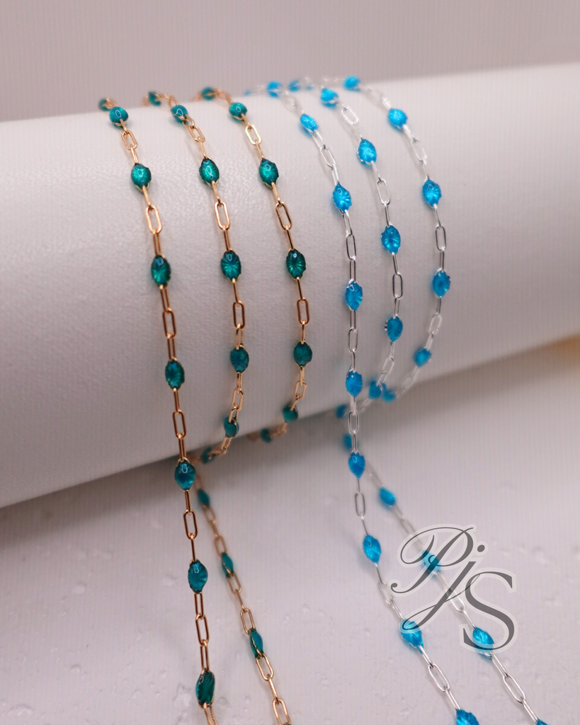 925 Sterling Silver or 14K Gold Filled Teal Blue Enamel Sunburst Paperclip Chain