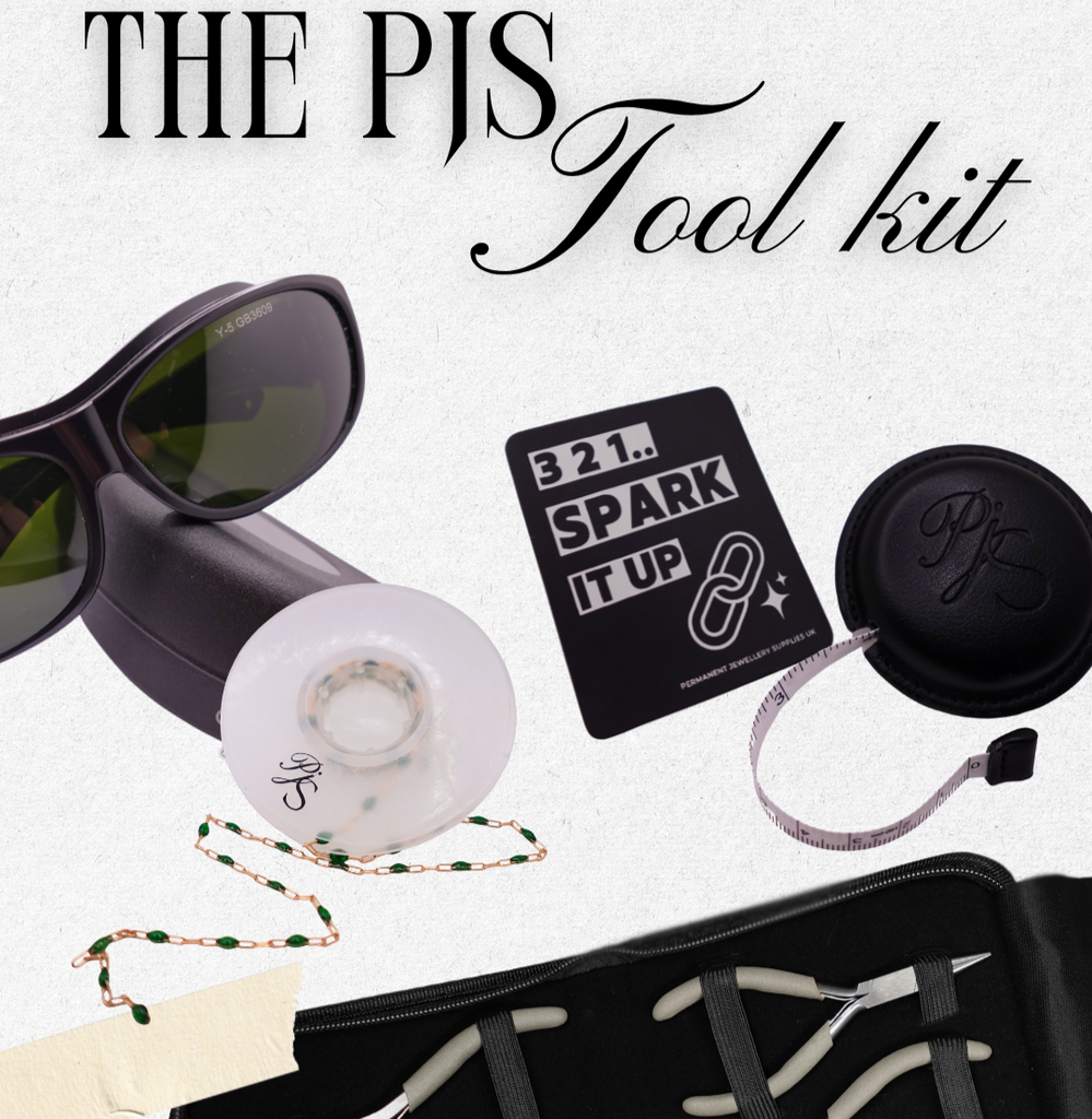 Permanent Jewellery Tool Starter Kit, welding glasses, tape measure, chain storage spools, welding patch, plier kit