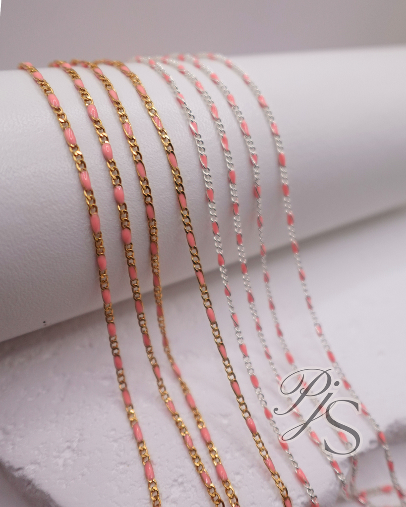 Pink Enamel Figaro Chain 1.5mm - 925 Sterling Silver & 14K Gold Filled